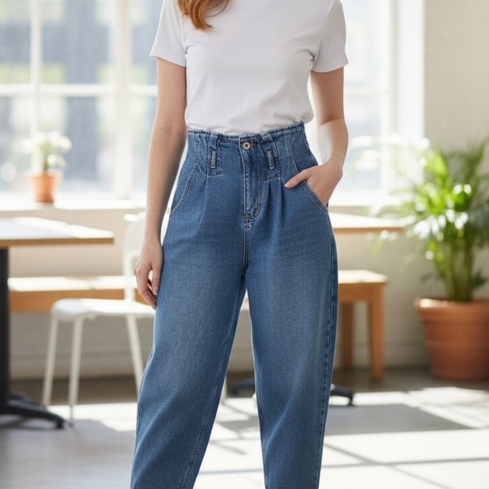 ZARA Paperbag Waist Tapered Jeans | High Rise Blue Denim | Women’s 4